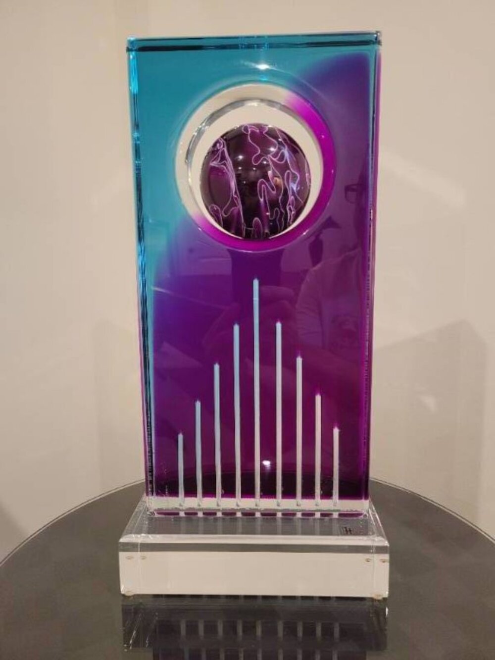 Rare Shlomi Haziza Lucite Acrylic Table Sculpture - Purple and Teal. Ball in Cut